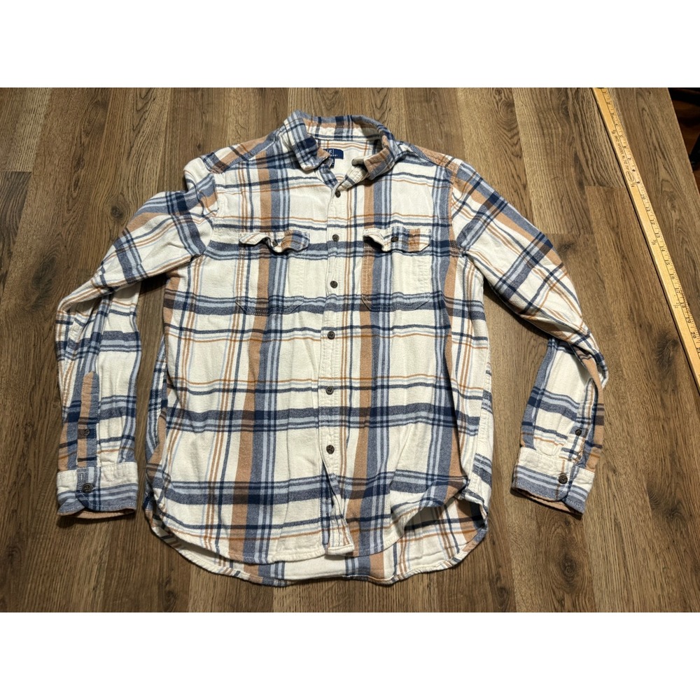 George Shirt Mens L White Blue Brown Plaid Flannel Button Down Long Sleeve Shirt